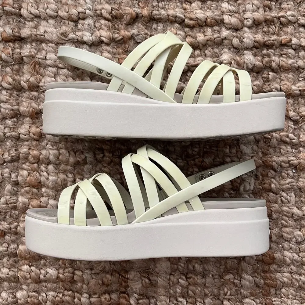 Crocs Brooklyn Strappy Low Wedge Sandals Womens 8 Cream LiteRide Platform